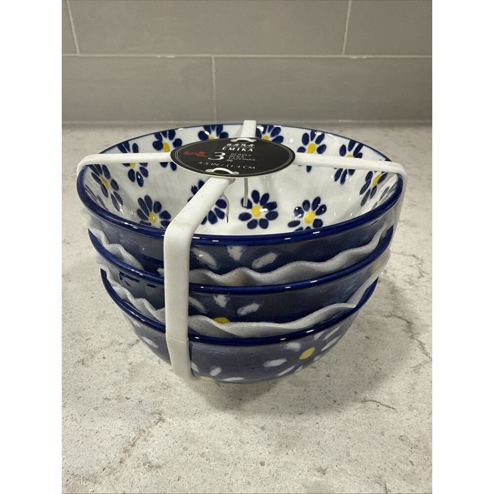 Set of 3 Blue Daisy Floral Emika Ceramic Rice Tidbit Appetizer Dip Sauce Bowls